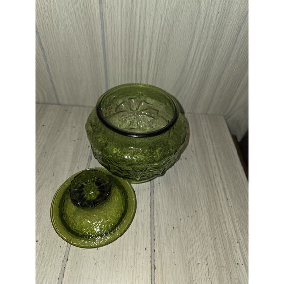 VTG Crinkle Glass Avacado Green Lidded Canister Apothecary Potion Jar Candy Dish - Picture 5 of 7